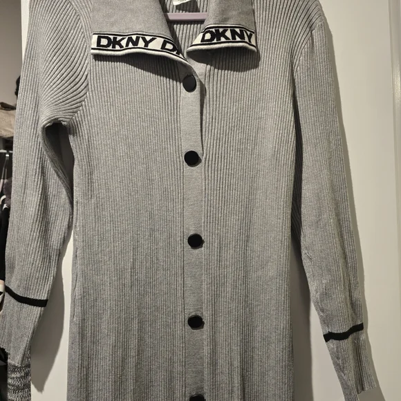 DKNY Gray Long Cardigan with Black Accents - Picture 2 of 3